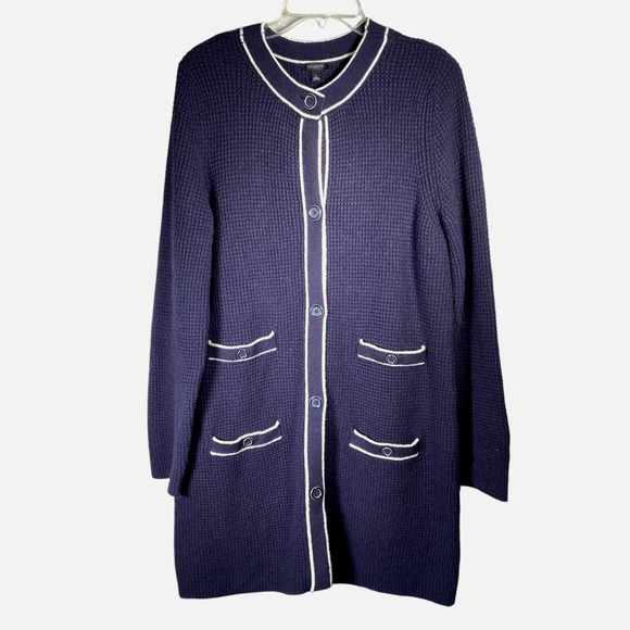 Talbots Womens Tipped Textured Cardigan Sweater Duster Navy Blue White Trim L - Picture 1 of 4